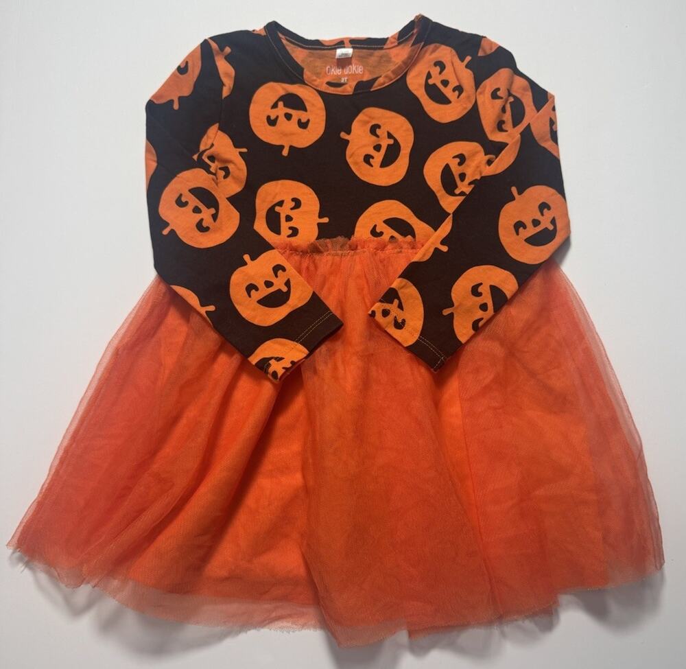 Okie Dokie Girls Halloween Pumpkin Tutu Dress Orange Black 2T Long Sleeve